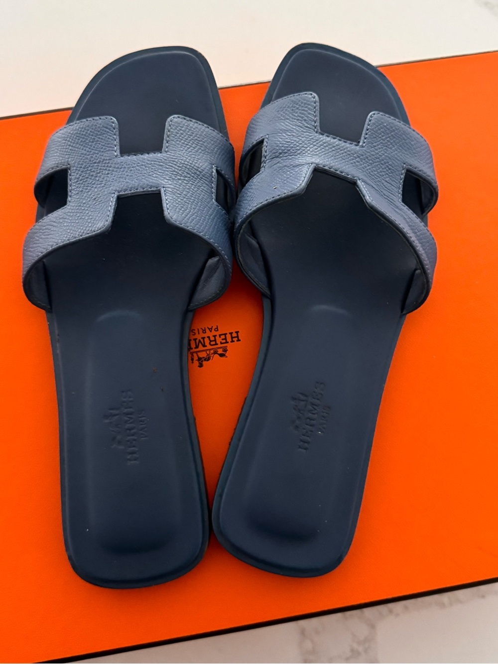 Hermes Blue Leather Oran Sandals.